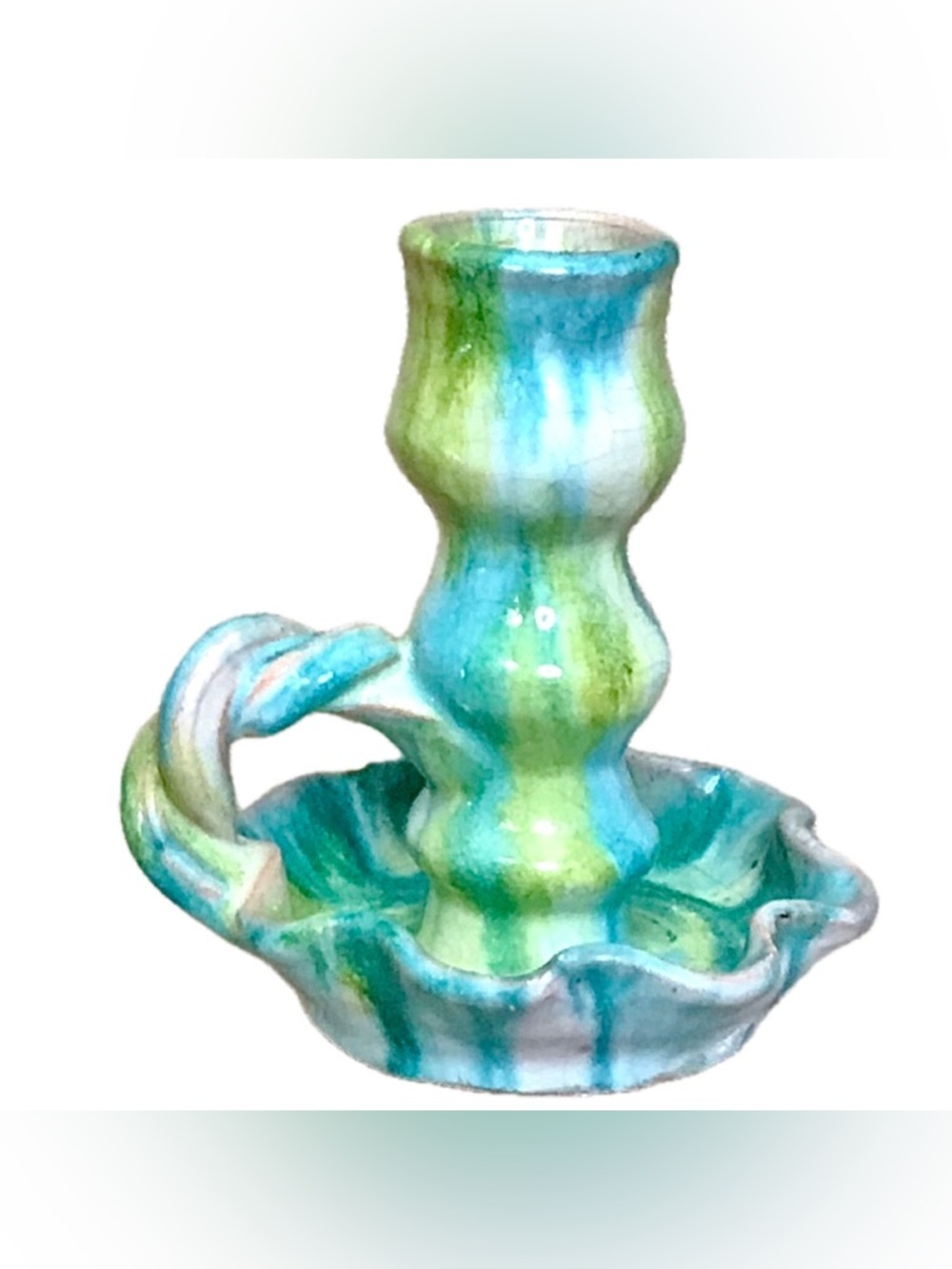 Vintage Williamsburg Pottery Blue Green Twist Chamberstick Taper Candle Holder